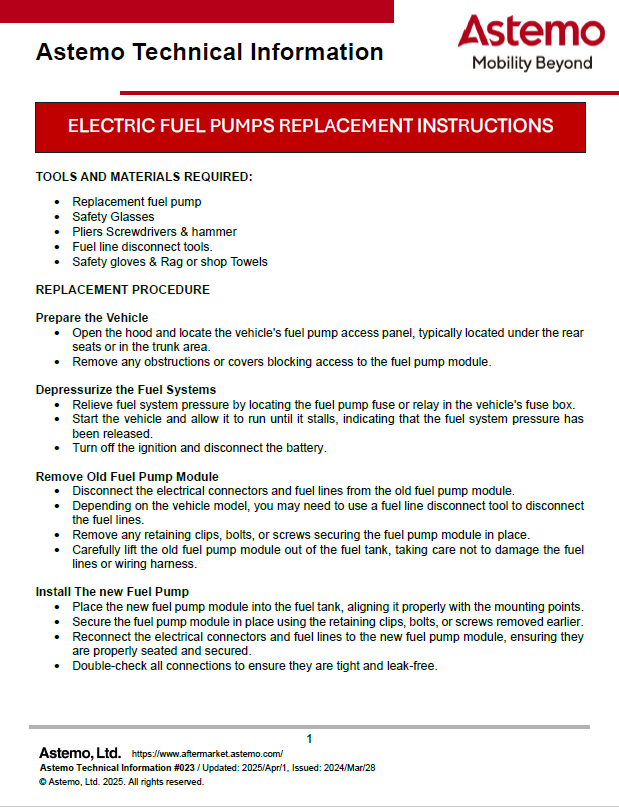 ELECTRIC FUEL PUMPS REPLACEMENT INSTRUCTIONS