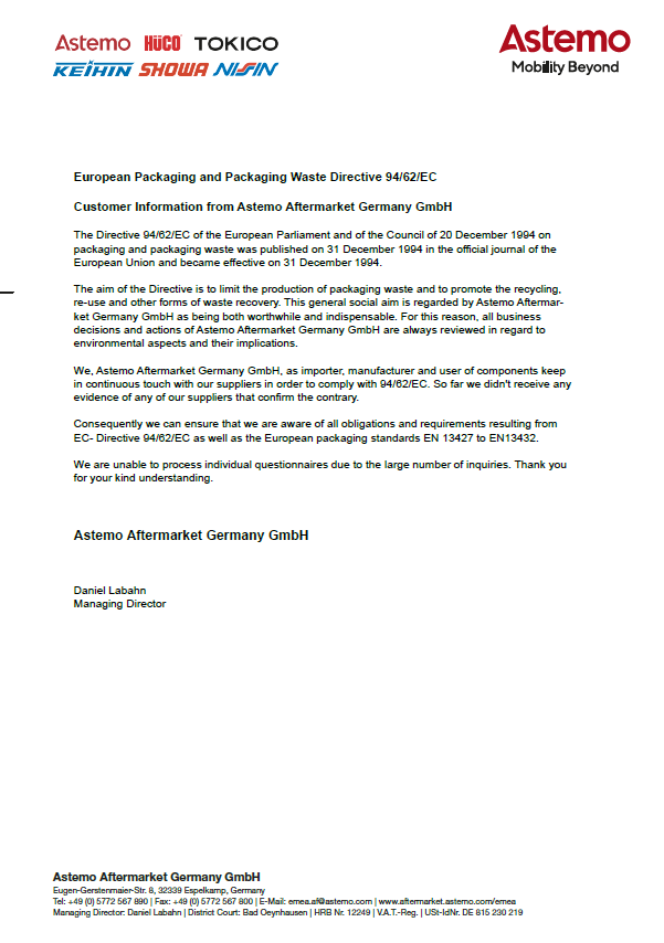 European Packaging and Packaging Waste Directive 94/62/EC 
