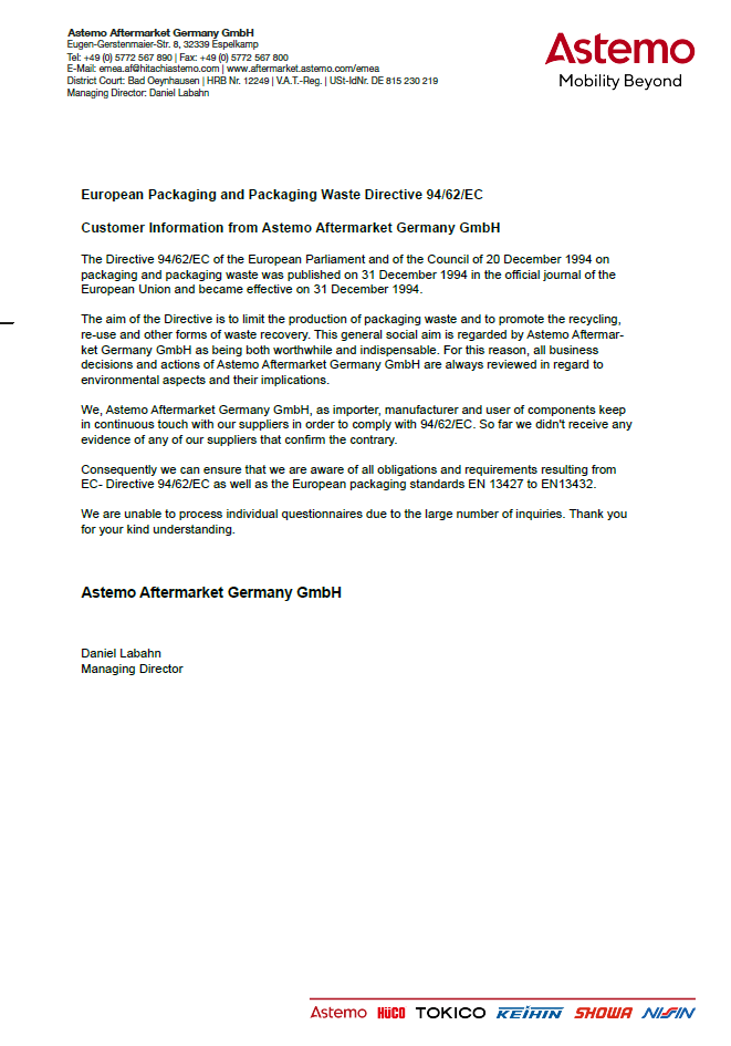 European Packaging and Packaging Waste Directive 94/62/EC 