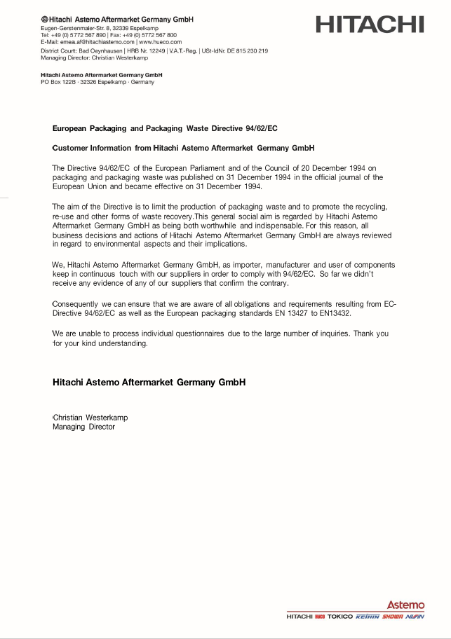 European Packaging and Packaging Waste Directive 94/62/EC 