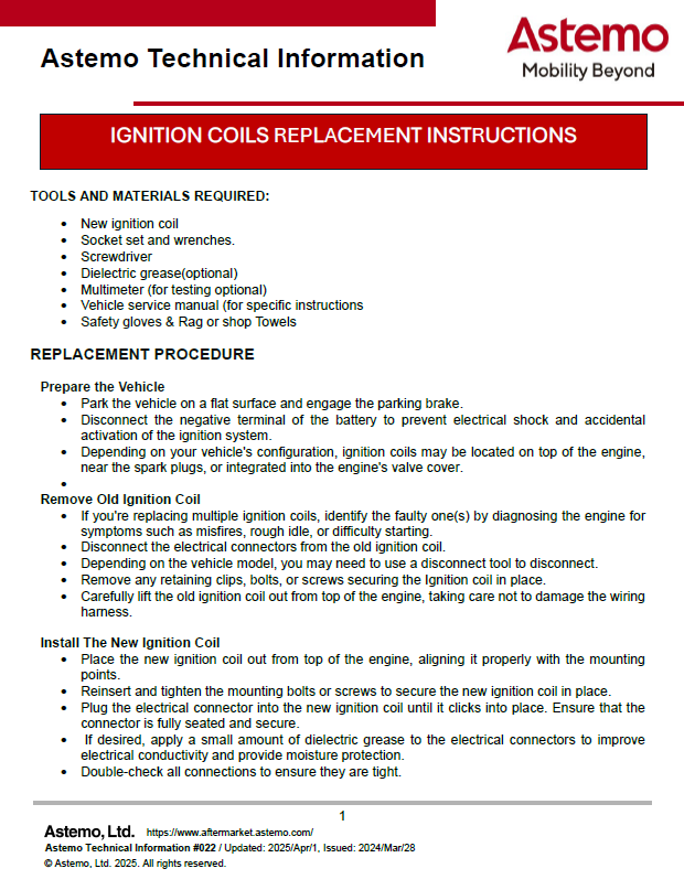 IGNITION COILS REPLACEMENT INSTRUCTIONS