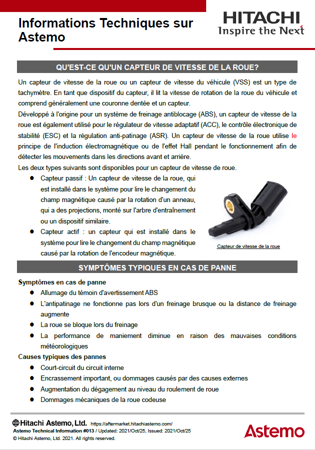 QU'EST-CE QU'UN CAPTEUR DE VITESSE DE LA ROUE?